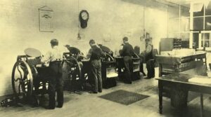 Historic photo of printing presses at CastlePierce.