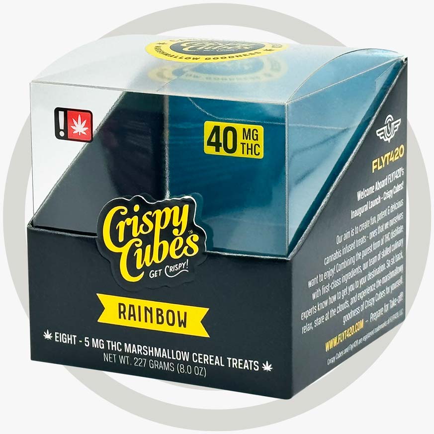 Crispy Cubes CBD product packaging with a window.