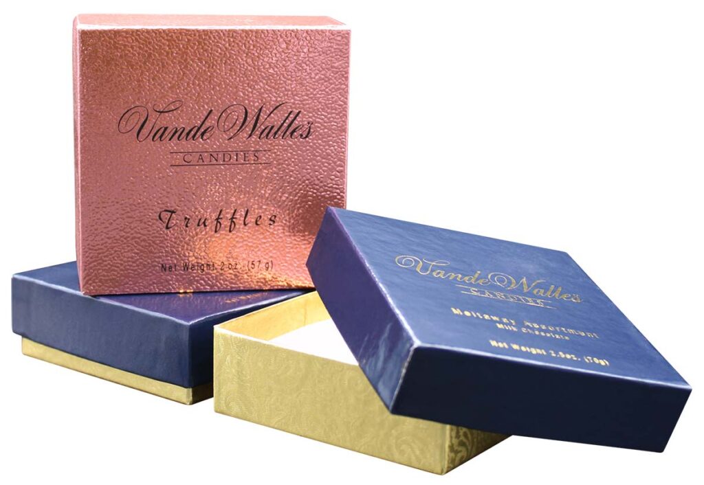 Printed rigid boxes for fine chocolates.